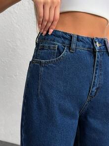 EURMUSE 100%Cotton Snow Washed Cropped Mom Fit Jeans - Medium Wash - View 3