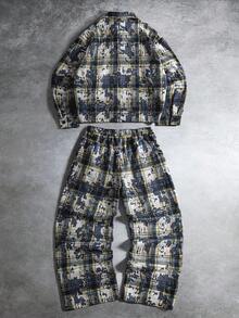 Manfinity EMRG 男士复古格纹夹克和抽绳腰裤两件套，年轻街头风，做旧效果，长袖衬衫式夹克，宽松长裤，经典格纹图案搭配做旧纹理，简约数字点缀，百搭休闲、街头风、户外活动、主题派对、时尚穿搭，也是送给男友/丈夫的节日礼物 - 藏蓝色 - 查看 2