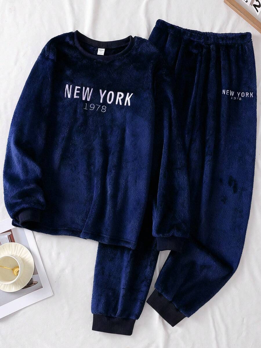 Conjunto de pijama de lã para adolescentes, blusa de manga comprida azul marinho e calça comprida, bordado minimalista em inglês e números brancos, roupa de dormir casual para usar em casa. - Azul marinho - Ver 1