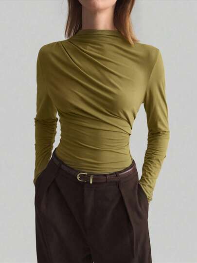 Ontre Women's Ruched Design Stand Collar Long Sleeve Basic T-Shirt, Urban Commute Business Casual Top, Elegant For Thanksgiving, Christmas, New Year Party, Wedding Guest Modern Urban Casual Fashion Business Casual Women's Office Wear Low-Key Old Money Style Effortless Temperament High-End Urban Commuting High-Quality Airport Women's Wear High-End Material