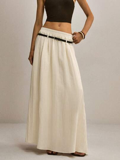 ATUI Studio Apricot Linen Elastic Waist With Black Belt Artistic Draping Skirt  Women Plain Simple Pleated Skirt, Casual Everyday Wear Summer