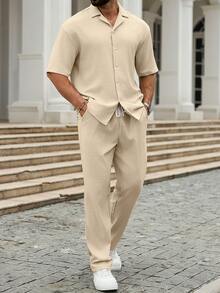 Manfinity Homme Men's Short Sleeve Wrinkled Fabric Blazer Collar + Drawstring Matching Pants Set, Perfect For Going Out & Gatherings, Essential For Successful Gentlemen, Great Gift For Husband