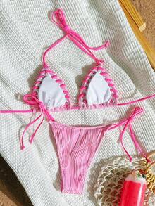 Swim Mod Women's Solid Color Halter Tie Sexy Bikini Swimwear Set, Summer Beach - Baby Pink - View 2