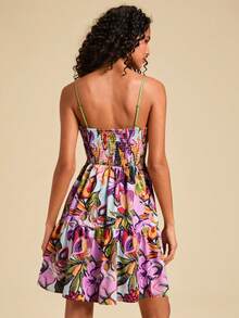 Travachic 女士印花褶皱胸部迷你连衣裙，度假款 - 彩色 - 查看 2