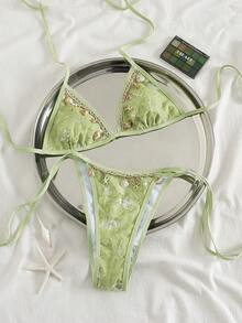 Swim Chiccia Summer Vacation Beach Halter Sexy Accessory Triangle Cup Bikini Set - Green - View 2