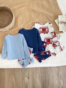 Baby Boys  Snug Fit Pajamas-2 Piece Pajama Set Fire Truck Helicopter Print Navy Light Blue White Crewneck Long Sleeve Long Pants Sleepwear Kids Nightwear Home Holiday 2026 New Year Essential Four Seasons Rescue Vehicle Theme Playful Soft Stretch Comfort - Multicolor - View 2