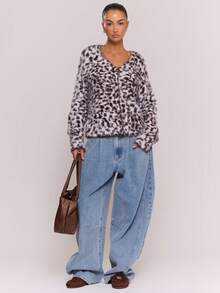 MUSERA Dalmatian Pattern Button Up Fluffy Knit Cardigan Spring - Multicolor - View 5