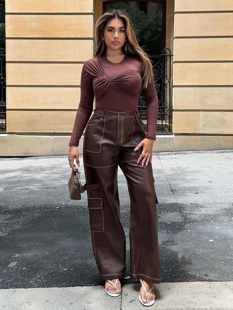 Maria Perezxox Quần Cargo PU Distressed cho nữ phong cách cổ điển Maillard - Cà phê nâu - Xem 1