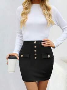 EMERY ROSE 女士黑色纽扣高腰紧身迷你裙 - 黑色 - 查看 5