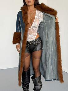 StreetHx Women's Long Sleeve Fur Collar Frayed Hem Long Denim Jacket - Blue - View 6