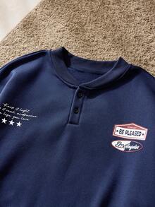 SWAVVY Men's Casual Loose Fit Pullover Sweatshirt, Navy Blue With Printed Buttons, Spring/Autumn - Blue - View 3