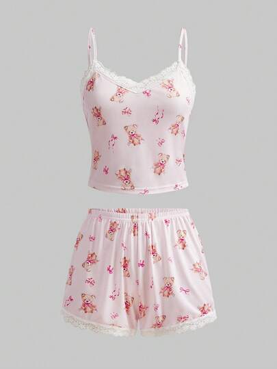 Kawaii Ensemble de pyjama avec débardeur en dentelle et short de style mignon avec imprimé nounours et nœud
