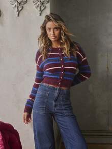 Aralina Áo khoác cardigan tay dài cài nút dệt kim kẻ sọc cổ điển ấm áp cho mùa đông dành cho nữ - Màu tím - Xem 2