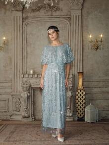 Anewsta Elegant & Fashionable Beaded & Sequin Embellished Waist Cinched Long Party Dress, Spring/Summer - Gray green - View 4