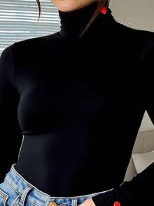 INAWLY Camiseta de manga larga de cuello alto con ajuste ceñido y estampado de corazón para tallas grandes - Negro - Ver 4