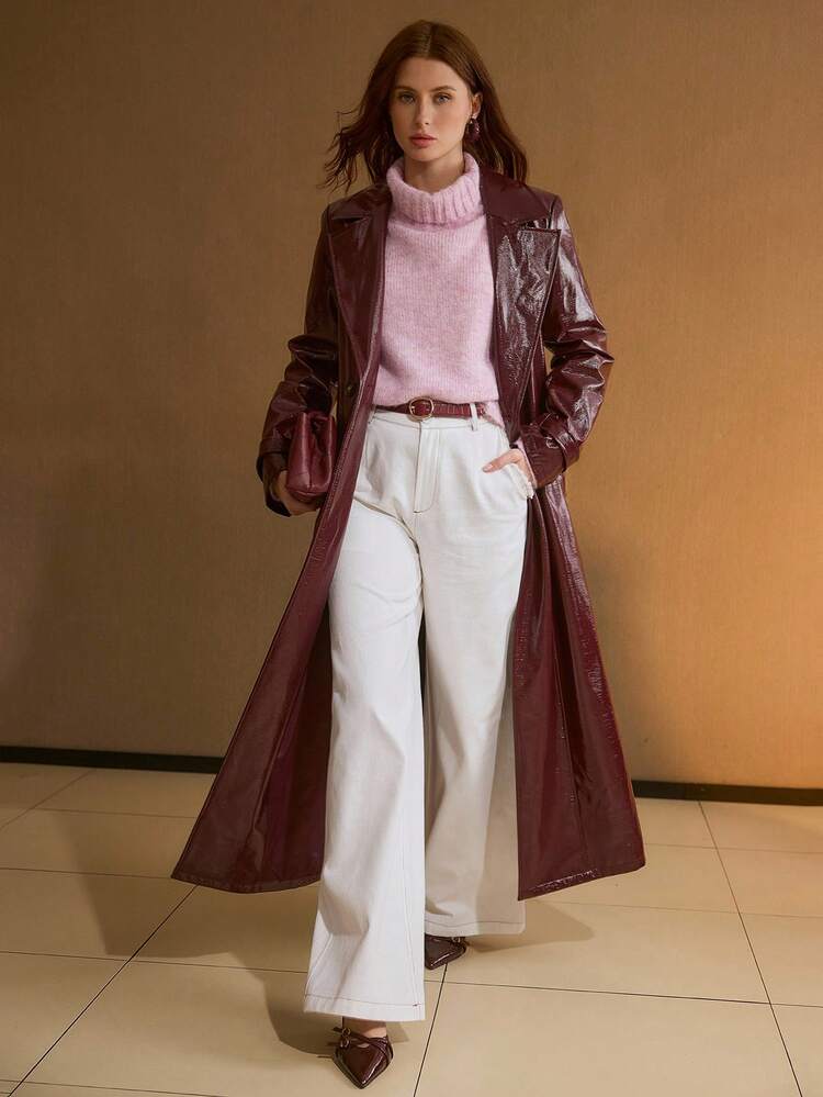 PU LEATHER LAPEL COLLAR BUCKLE BELTED LONGLINE TRENCH COAT