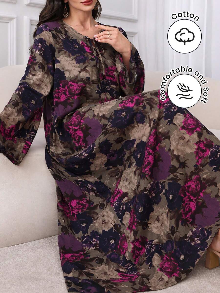 Al Najma Cotton Printed Tie Neck Midi Dress - Multicolor - View 1