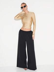 KIZN High Shine Beige Long Sleeve Crew Neck Top With Small Chest Logo Print