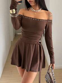 StreetHx Women's Fashionable Brown Eyelet Decor Off Shoulder Dress - Coffee Brown - View 4