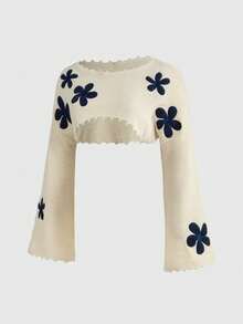 ROMWE Fairycore Plus Size Floral Loose Cropped Pullover Sweater, Spring - Apricot - View 2