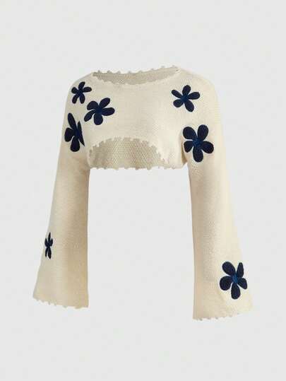 Fairycore Große Größen Blumen Locker geschnittener Crop Pullover, Frühling