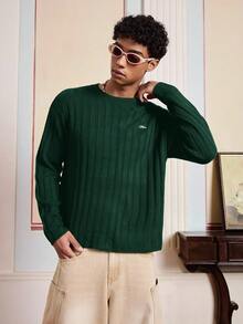 SWAVVY Suéter de cuello redondo casual de manga larga con estampado de letras para hombre, color verde - Verde Oscuro - Ver 5