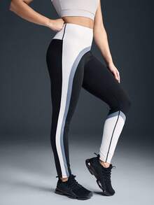 Powerista 撞色拼接修身高腰休闲透气健身紧身裤 - 黑與白 - 查看 5