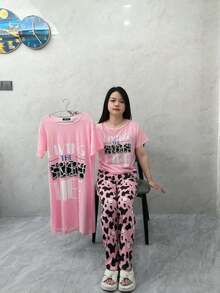 Conjunto de pijama de tres piezas para mujer Conjunto de pijama de mujer(Women's short-sleeved pajamas + women's pajama pants + women's nightgown) - Rosa - Ver 4