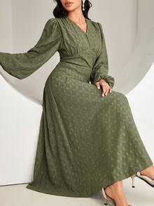 Veilorie Women's Elegant Party Solid Color Textured Lantern Sleeve Arabic Style Dress