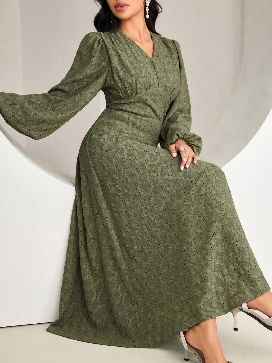 Veilorie Women's Elegant Party Solid Color Textured Lantern Sleeve Arabic Style Dress