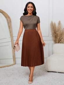SHEIN Lady White Pleated A-Line Skirt, Versatile For Work And Occasions - Brown - View 7