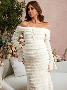 SHEIN Vestido de Maternidade Elegante de Festa, Ombro à Mostra, Manga Sino, Cor Sólida