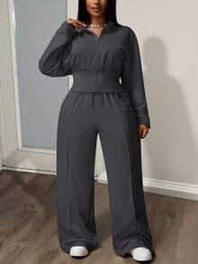 Slaydiva Bộ áo và quần dài màu trơn dáng rộng dành cho nữ, kiểu dáng thường ngày, quần ống rộng. - Màu xám đen - Xem 17