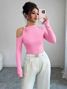 INAWLY Áo thun dài tay hở vai khoét sâu gợi cảm trang trí kim loại - Hồng - Xem 5