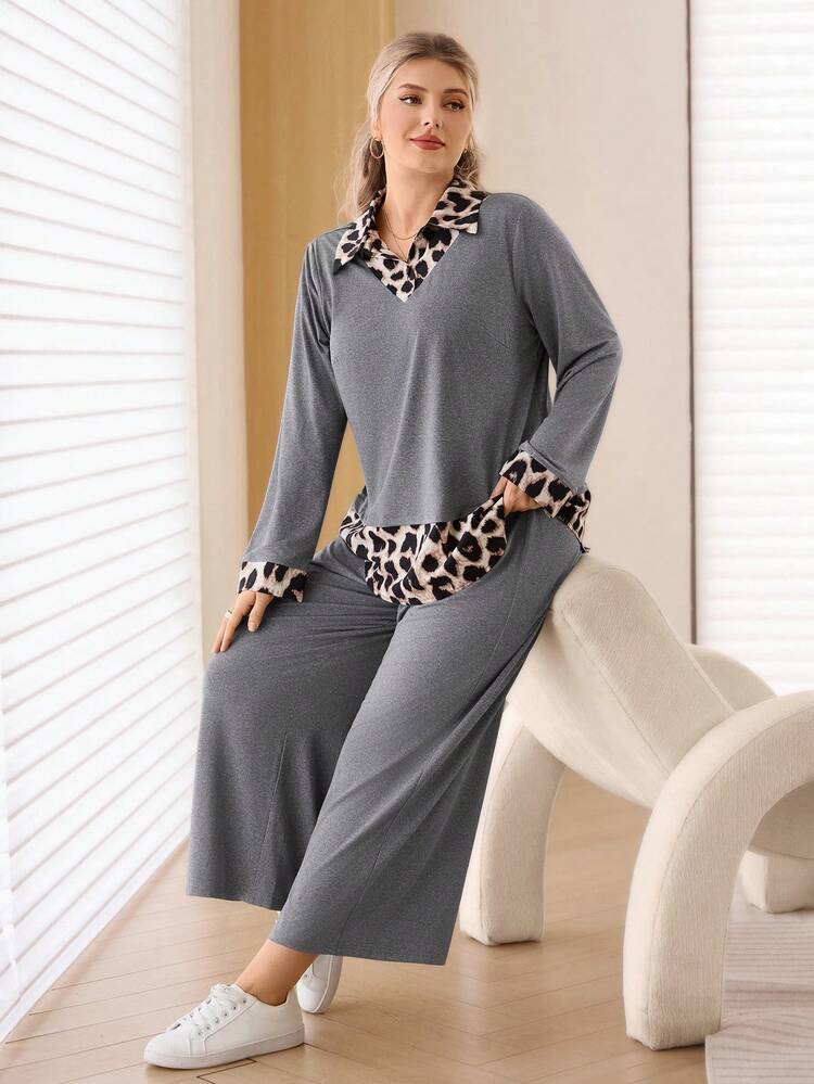 Plus Size Leopard Print Patchwork Top And Pants 2 Pieces Set, Casual For Autumn