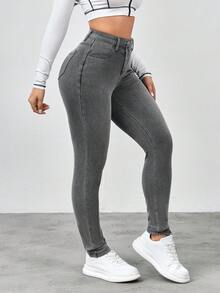 Flexra Women's Fashionable Washed Slant Pocket Elastic Skinny Jeans, Autumn - Blue - View 4