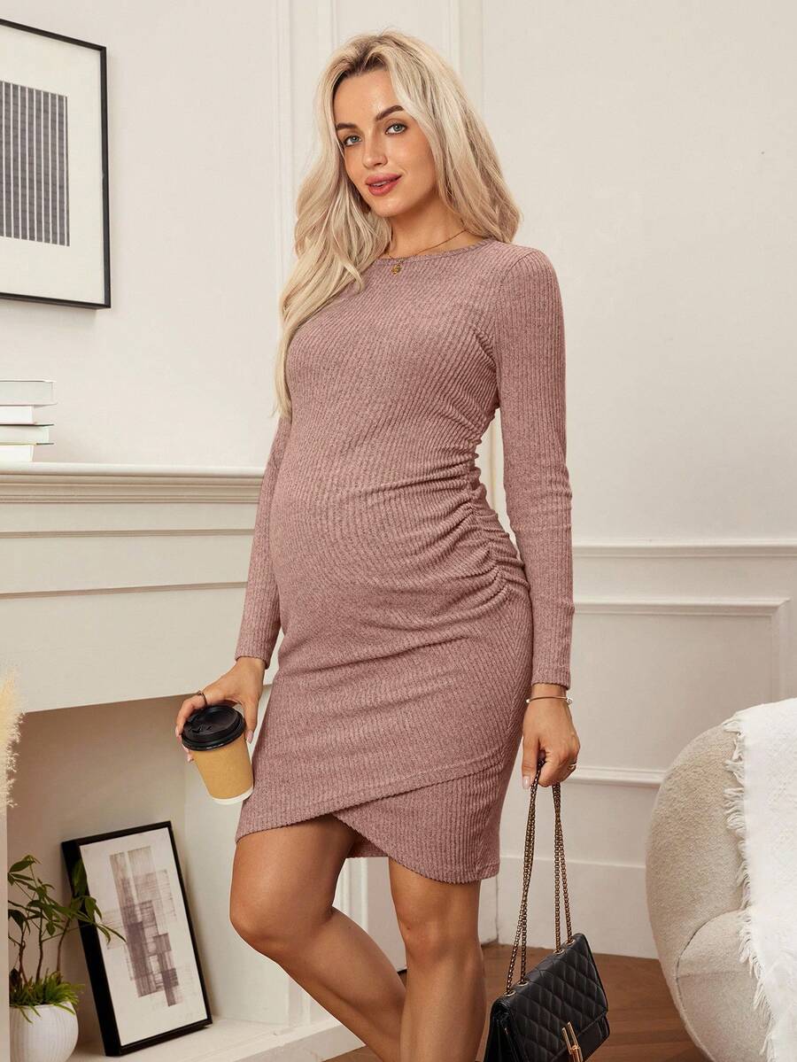 SHEIN 优雅纯色修身孕妇通勤连衣裙 - 藕粉色 - 查看 1