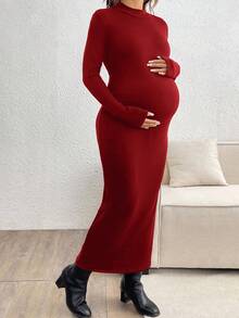 SHEIN Vestido largo ajustado, grueso y cálido deunicoloro con cuello mao, manga raglán y larga para maternidad - Rojo - Ver 3