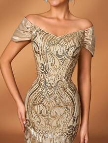 Serin Elegant Luxurious Pearl Beaded, Sequin Embroidered Off Shoulder Sleeve Satin Mermaid Dress, Suitable For Weddings, Parties, Vacations, Galas, Holidays, Bride & Mother Of The Bride Evening Gowns - Champagne - View 3