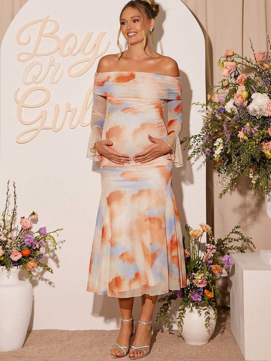 Loomaby Pregnant Women's Tie-Dye Print Off-Shoulder Fitted Elegant Long Sleeve Dress,Gender Reveal Dress,Maternity Dress, Baby Shower Dress - Multicolor - View 1
