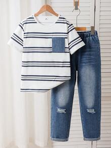 Mirajuku 2pcs/Set Boys' Casual Striped T-Shirt With Denim Pocket Patchwork, Paired With Ripped Jeans, Fashionable Outfit For Multiple Occasions - Blue - View 2