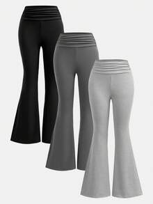 SHEIN Girlism 3pcs/Set Teen Girl Knit Black & Gray Ruched Waist Casual Skinny Flare Pants Pants Flare Leg Flare Pants Girls Teens Girls Sports Knit Flared Pants Flared Leggings Bell Bottom Pants Girls - Multicolor - View 1