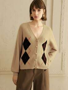 SHEIN LUNE Women's Arctic Fleece Fabric Loose Fit Diamond Placket Design Everyday Casual Cardigan   Sweater Winter Clothes Without Scarf New Year - Multicolor - View 4