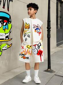 SHEIN 2Pcs Kids Tween Boy Casual Versatile Comfortable Graffiti Letter Street Fashion Print Crew Neck Sleeveless Loose Fit Top And Shorts 2 Pieces Knit Set, Suitable For School, Garden, Beach, Birthday, Spring/Summer