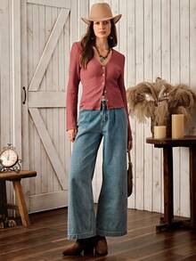 Wildy Áo thun dài tay cơ bản phong cách miền Tây giản dị dành cho nữ, thích hợp mặc hàng ngày vào mùa thu/đông - Gỗ đỏ - Xem 6