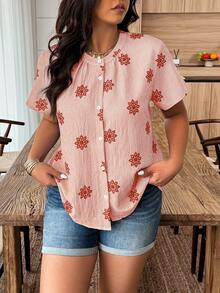 SHEIN Clasi Plus Size Women Summer Casual Vacation Style Floral Print & Embroidery Loose Short Sleeve Blouse
