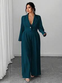 Elenzga Bộ đồ liền thân ống rộng 2 món, áo khoác blazer công sở thanh lịch tối giản dành cho nữ cỡ lớn và áo liền quần không tay thắt eo - Màu xanh ngọc - Xem 7
