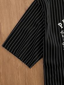 Manfinity BRENVOR Men's Woven Short Sleeve Vertical Striped Letter Print Fashionable Shirt - Black - View 6