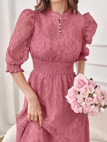 Modelyn Váy Maxi dự tiệc tối thanh lịch, cài nút ren, thắt eo - Bụi hồng - Xem 8