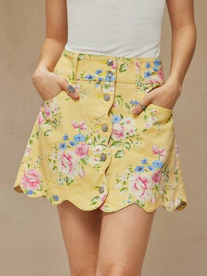 WESTFADE High Waist Scalloped Button Front 100% Cotton Denim Flower Print A Line Mini Jean Skirt Casual, Cute, Autumn, Winter, Boho, Western Wear For Women, Country Concert